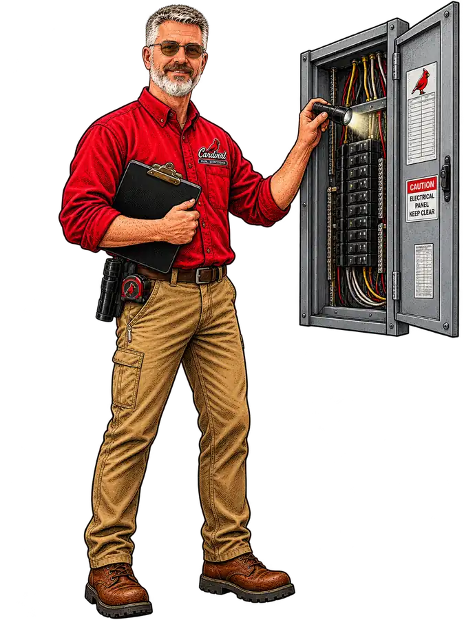 Illustration of Jeff Stalnaker inspecting an open electrical panel with a flashlight